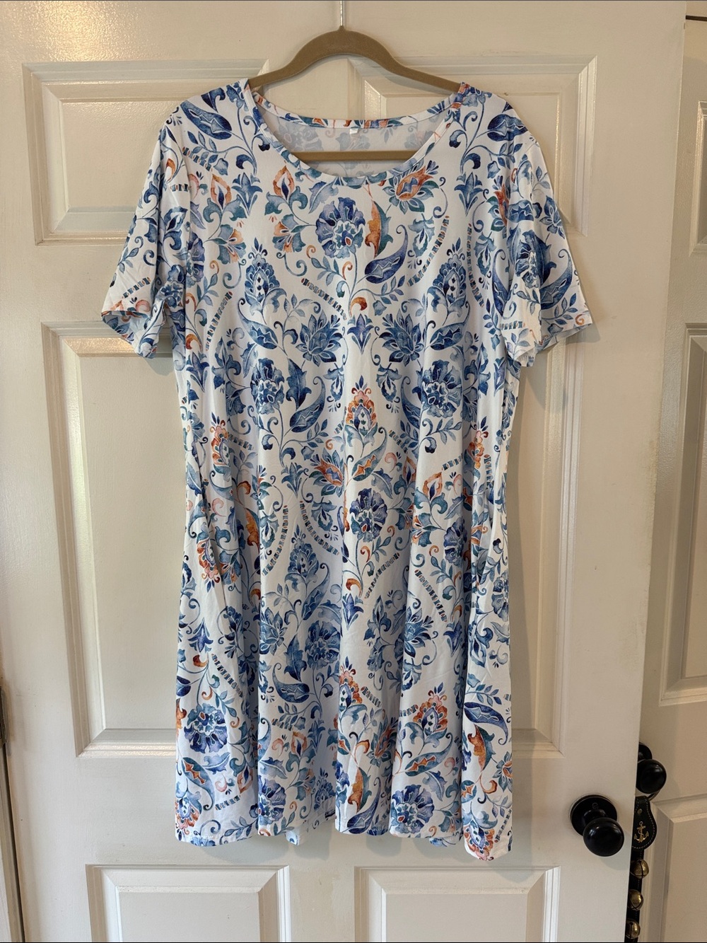 Floral Blue & White Short Sleeve Swing Dress